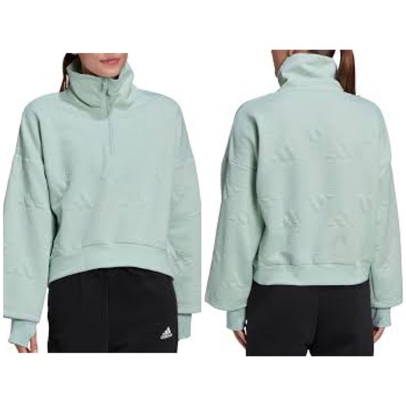 Adidas Sweater Women’s Size Large Green AEROREADY Jacquard Logo Zip Sweatshirt - Picture 15 of 16